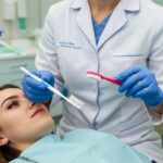 Dental professional demonstrating dental implant care techniques with tools in a clean office