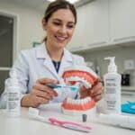Dental professional demonstrating oral hygiene techniques for dental implants in a dental office