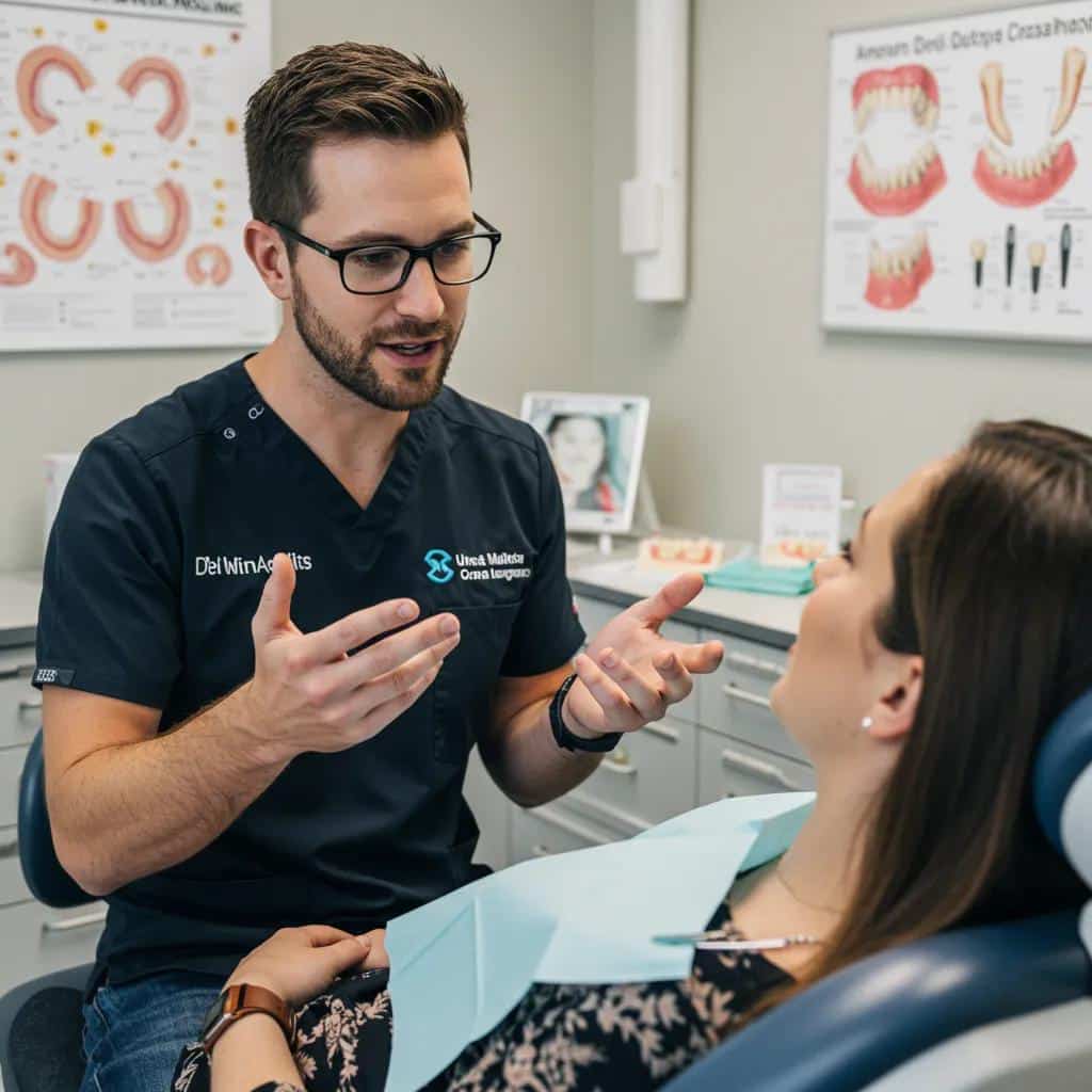 Friendly dental professional discussing multiple dental implants with a patient in a modern dental office