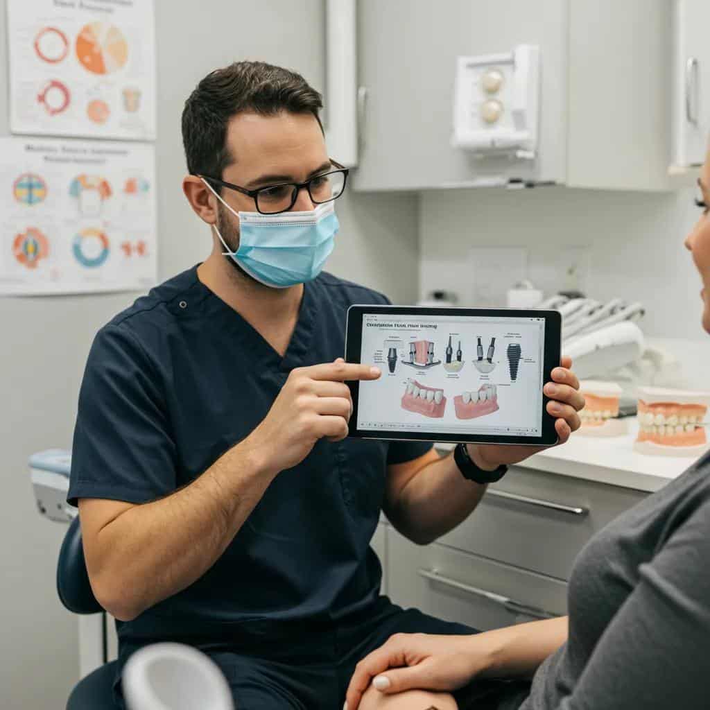 A caring dental professional discussing multiple implant options with a patient in a comfortable, modern office