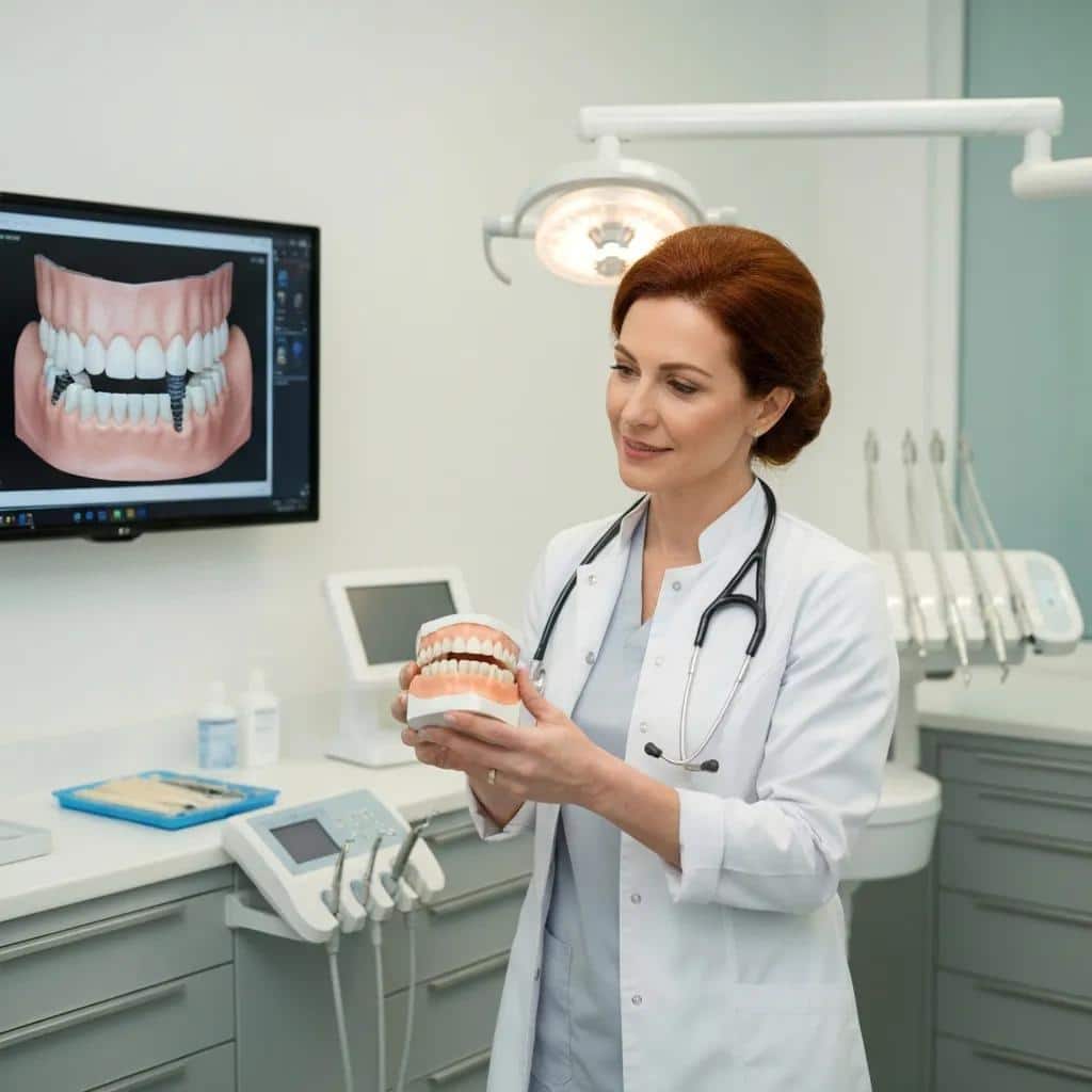Dental clinician reviewing a 3D jaw model and x-ray to check bone density