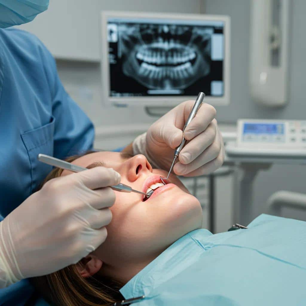 A dental professional in Fort Worth carefully examining a dental implant during a routine check-up, highlighting the importance of preventive care and monitoring for long-term success.