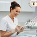 Dental professional examining a dental implant in a clinical setting