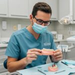 Dental professional examining a dental implant model in a modern dental office
