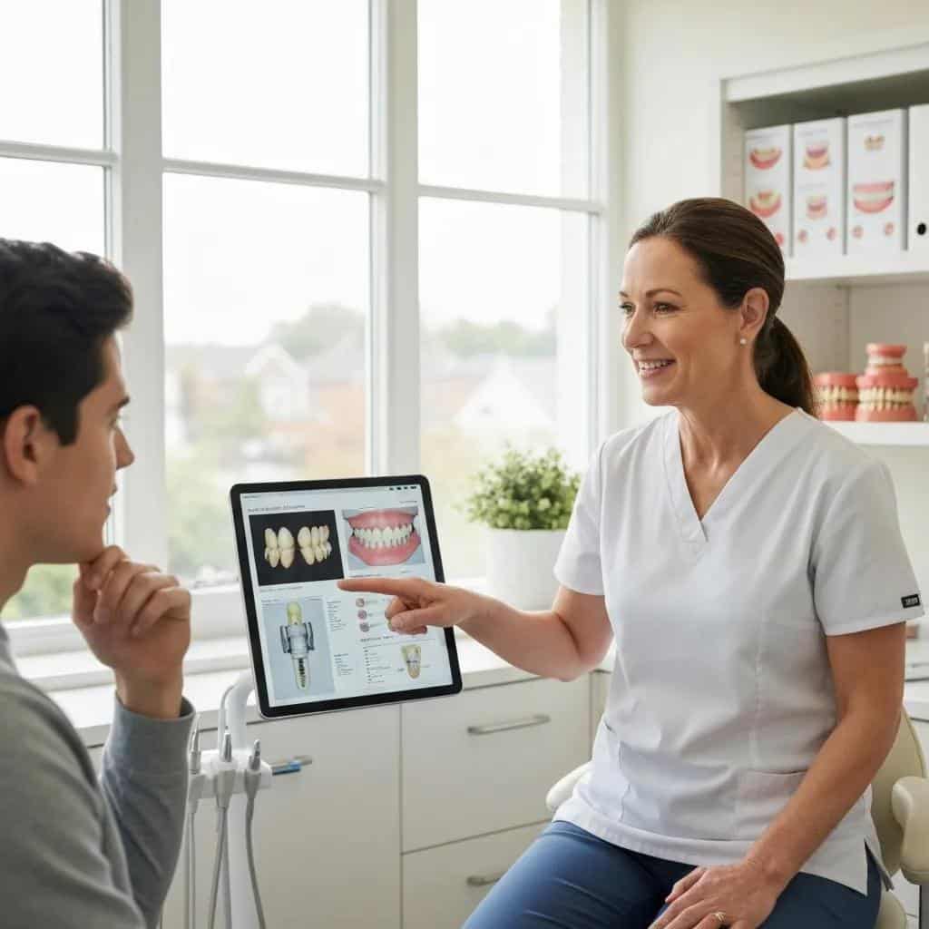 Dental implant success rate chart on a digital screen in a clinic, illustrating brand performance and longevity