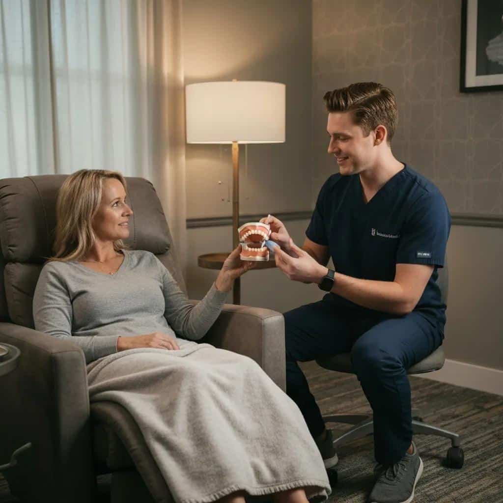 Dentist explaining recovery and aftercare to a patient after implant surgery
