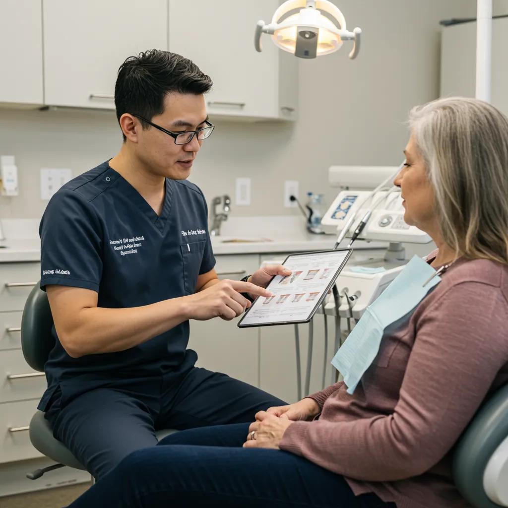 Dental professional explaining single dental implant costs to a patient in a dental office