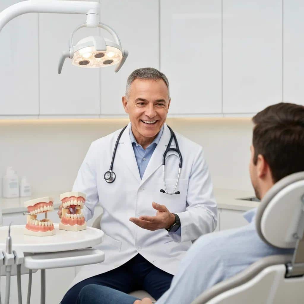 Dental professional explaining the benefits of implants to a patient, emphasizing comfort and stability