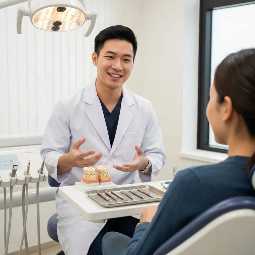Dental professional explaining the implant procedure to a patient, illustrating the clinical process
