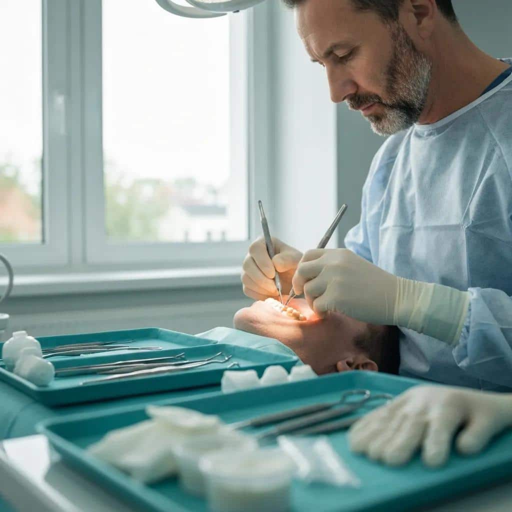 Dentist performing a bone grafting procedure under clinical lighting