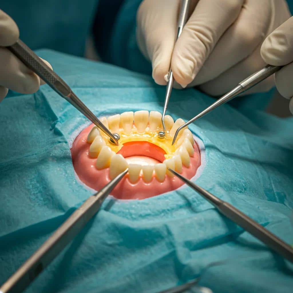 A skilled dental professional carefully performing a bone grafting procedure in a clean, modern clinic
