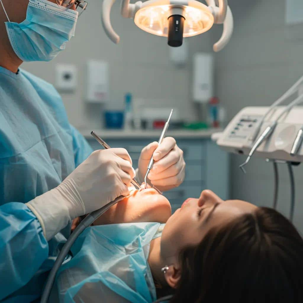 Dental professional performing a dental implant procedure in a clinical setting with a patient in a dental chair