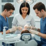 Dental professional performing a dental implant procedure in a modern clinic