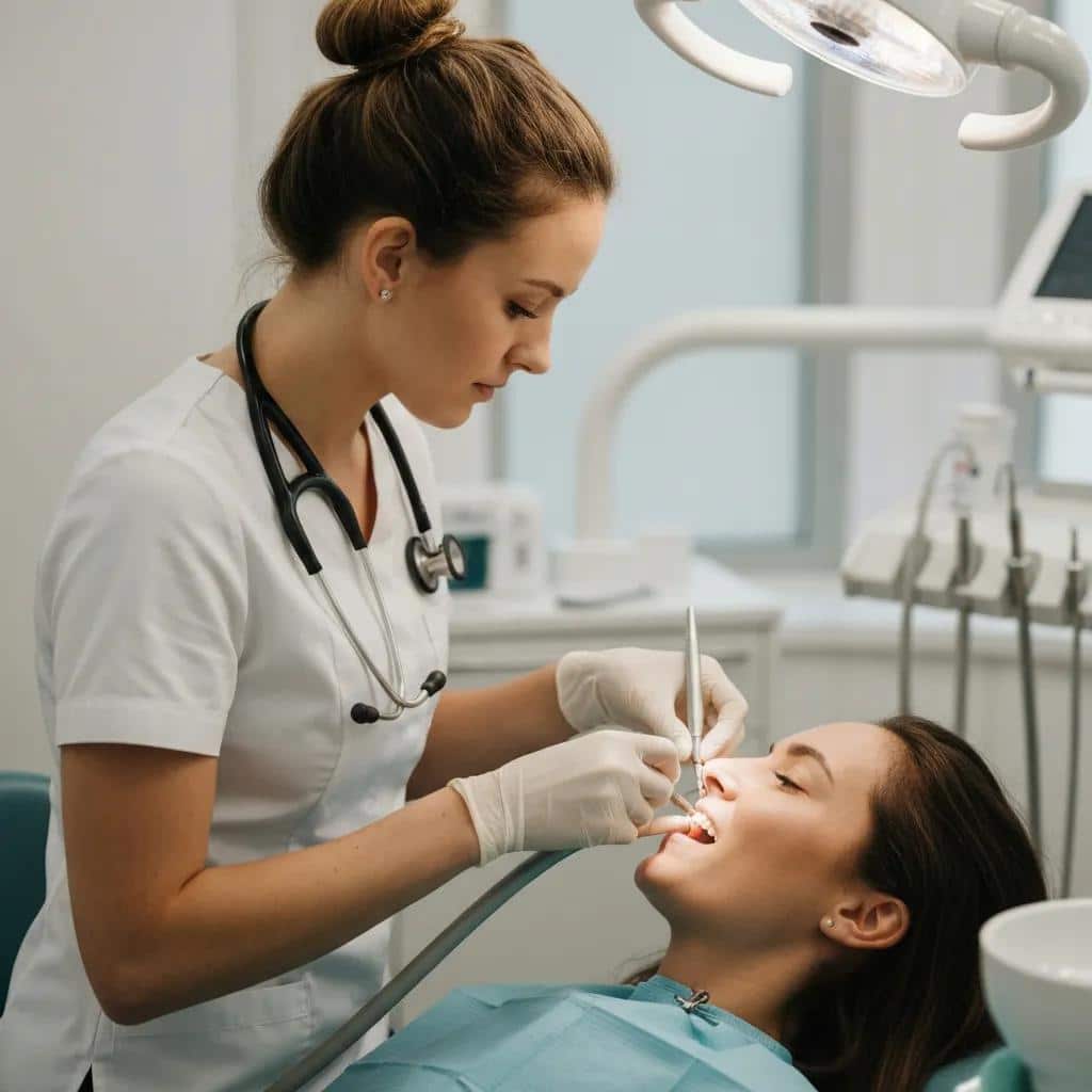 Dental professional performing a dental implant procedure, showcasing clinical care