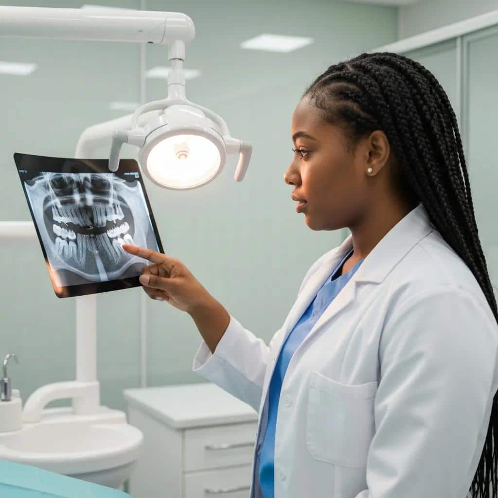 Dentist placing a dental implant with careful technique