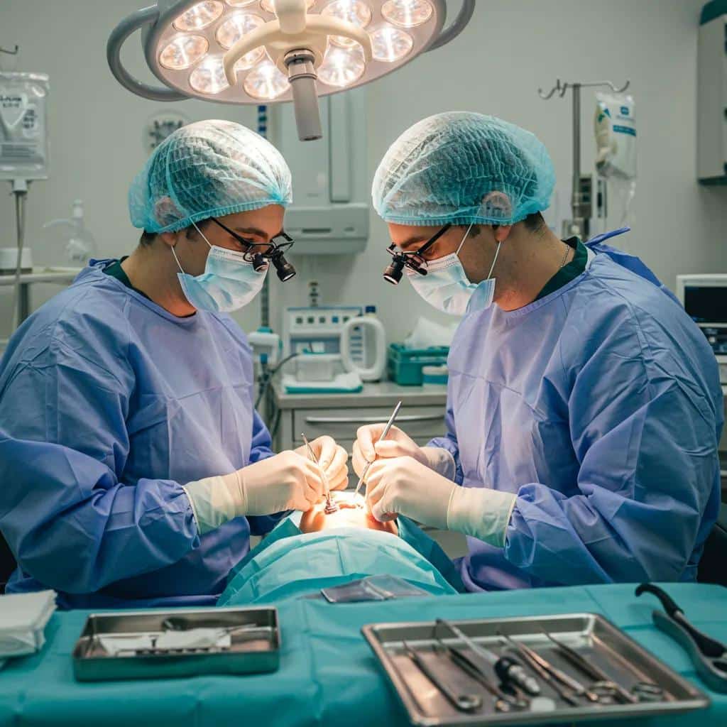 Dental surgeon performing an implant surgery with precision and care