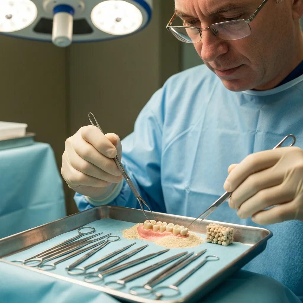 Dental surgeon performing bone grafting to enhance implant eligibility