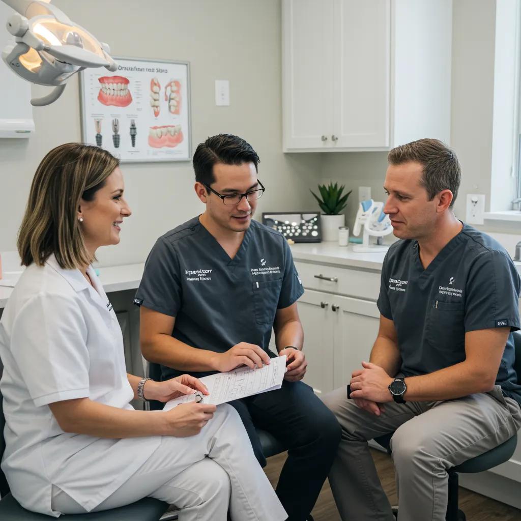 Dental team discussing treatment plan with a patient in a comfortable consultation room