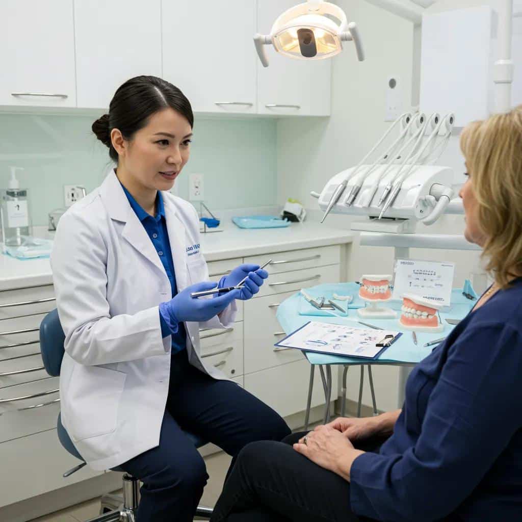 A friendly dentist discussing immediate dental implant costs and payment options with a patient in a comfortable consultation room