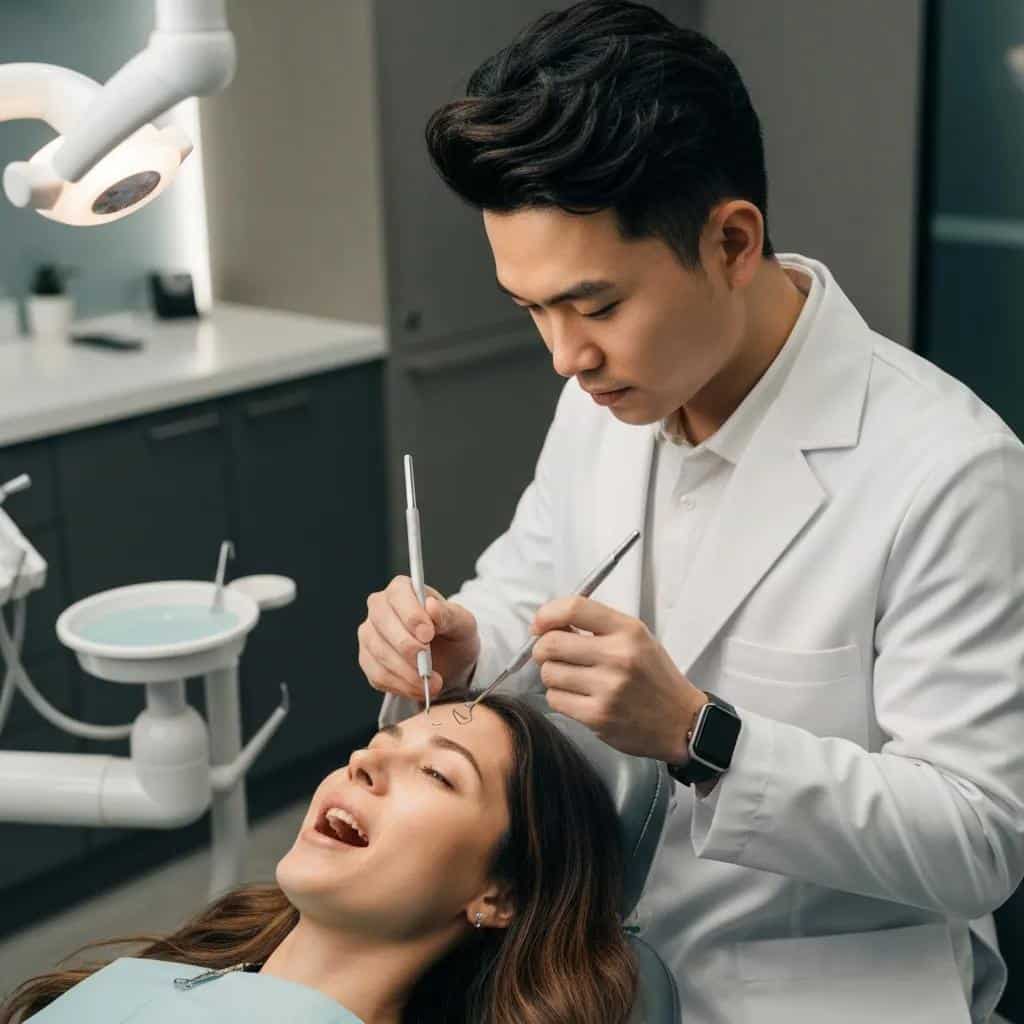 Dentist checking a patient's implant during an exam to show the role of professional care in implant longevity