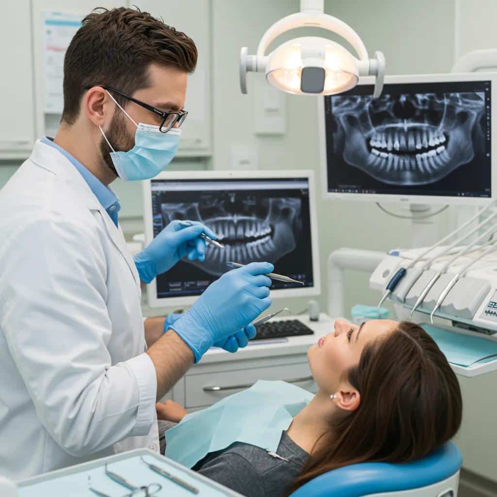 Dentist examining a patient's dental implants during a professional maintenance appointment