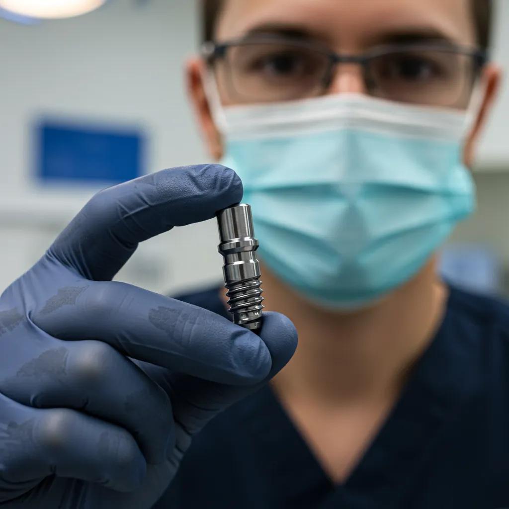 Dentist holding a titanium dental implant, showcasing its properties in a clinical setting