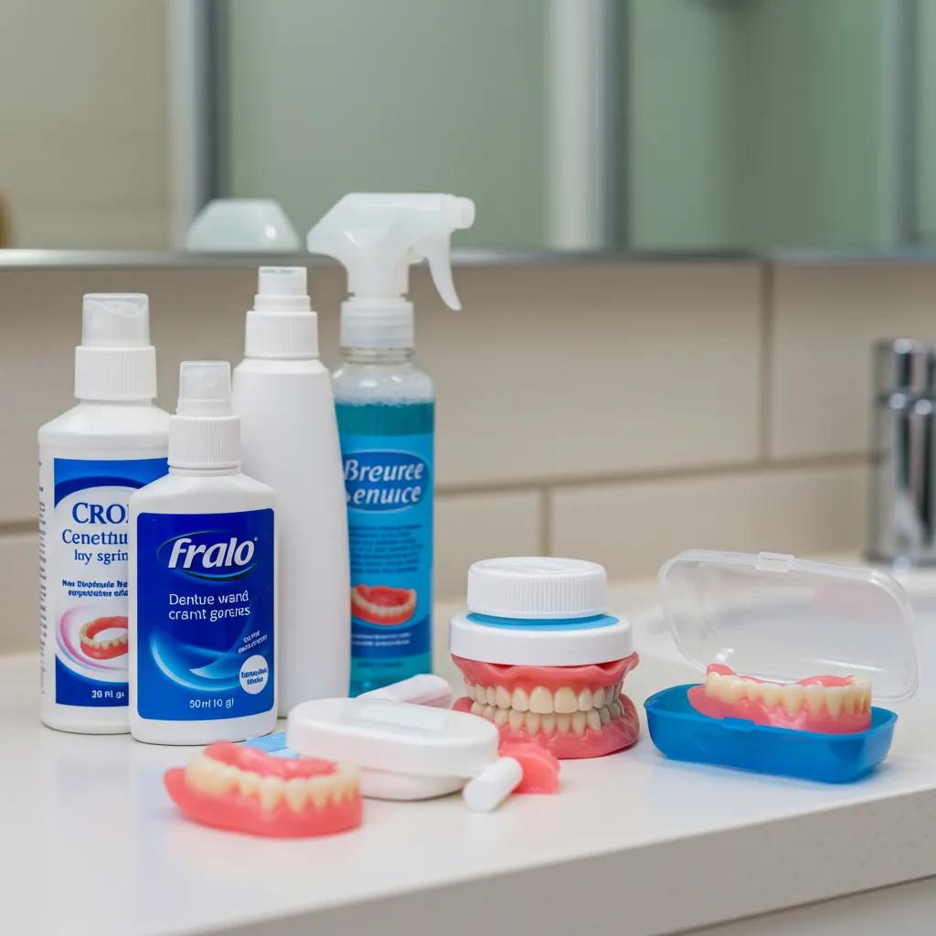 Denture care products including adhesives and cleaning solutions on a bathroom counter