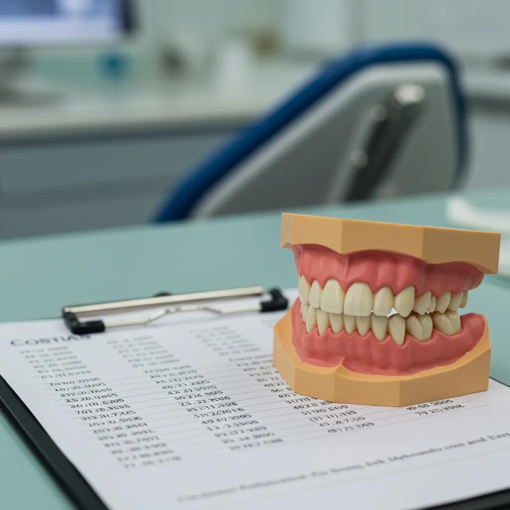 Detailed dental implant model next to a price list in a professional dental office setting