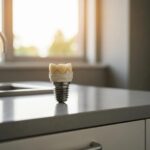 Detailed dental implant model on a dental office countertop