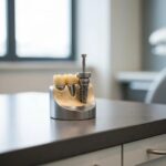 Detailed dental implant model on a dental office countertop