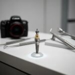 Detailed dental implant model on a dental office countertop, highlighting the intricacies of dental technology
