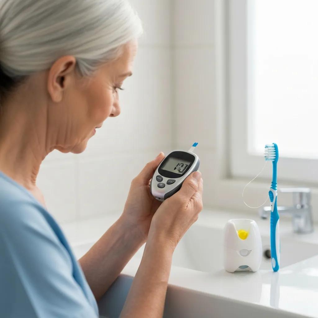 Diabetic patient monitoring blood sugar with dental care items
