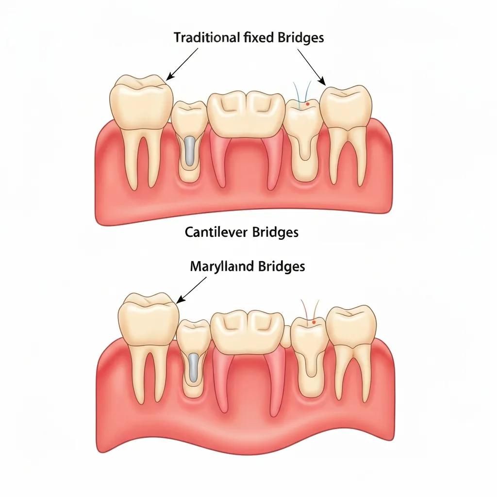 Different types of dental bridges including traditional, cantilever, and Maryland bridges