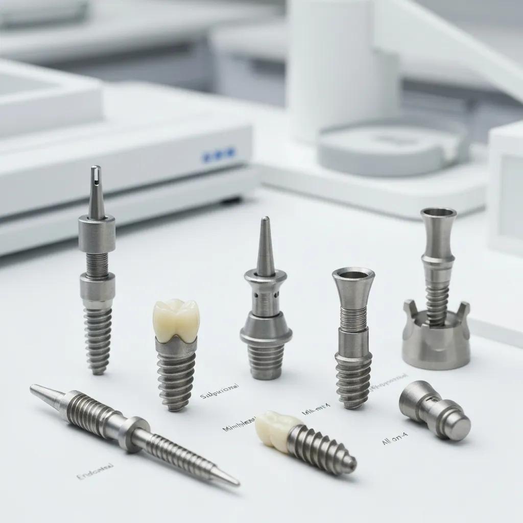 Different types of dental implants displayed in a clinical setting, illustrating their unique characteristics