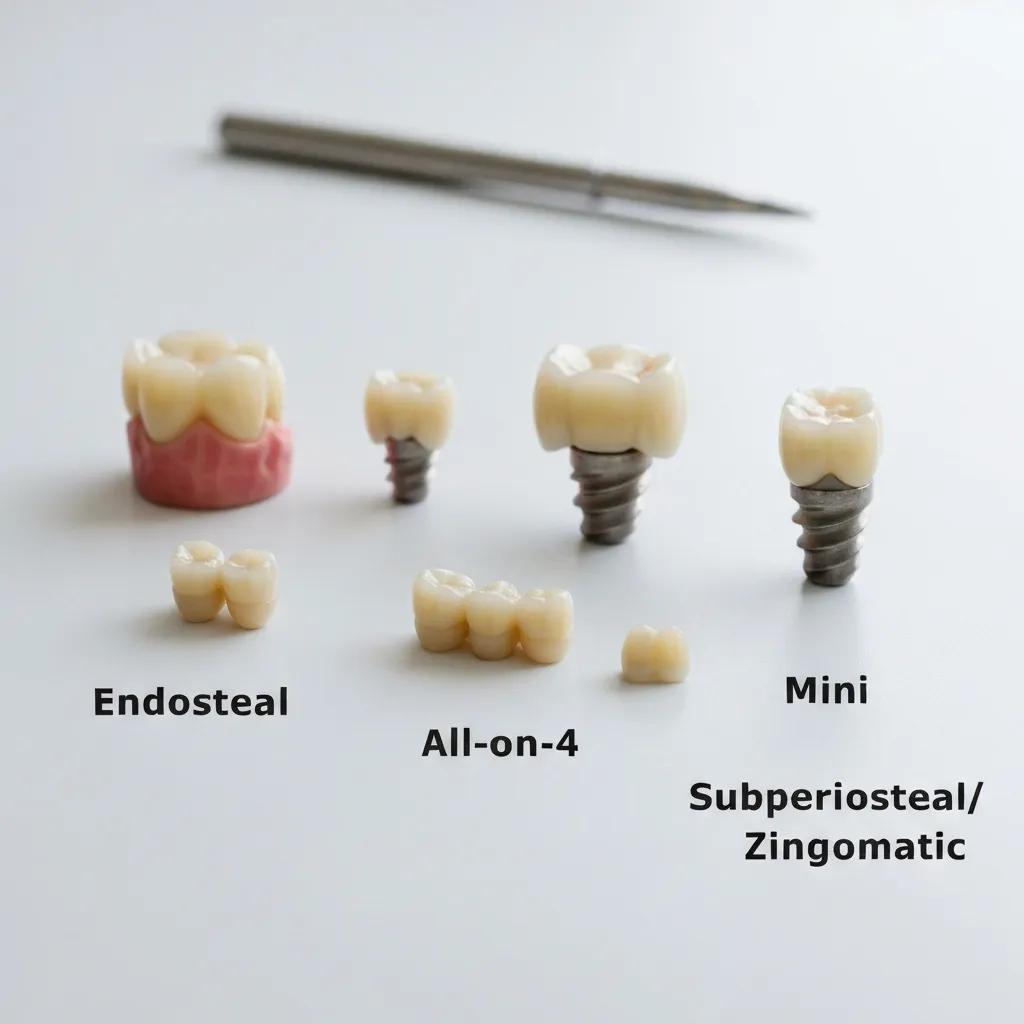 Different types of dental implants displayed on a table, labeled for educational purposes