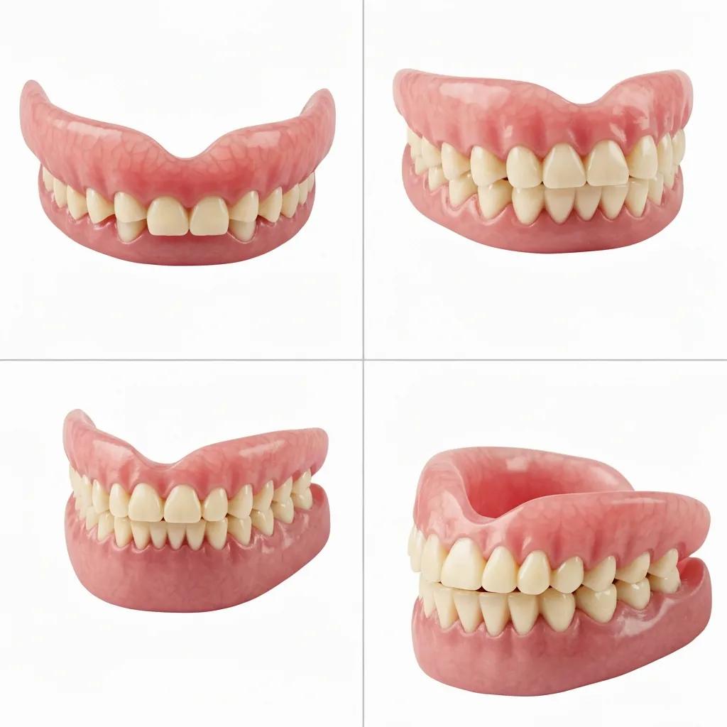 Different types of dentures including full, partial, and implant-supported options displayed on a neutral background