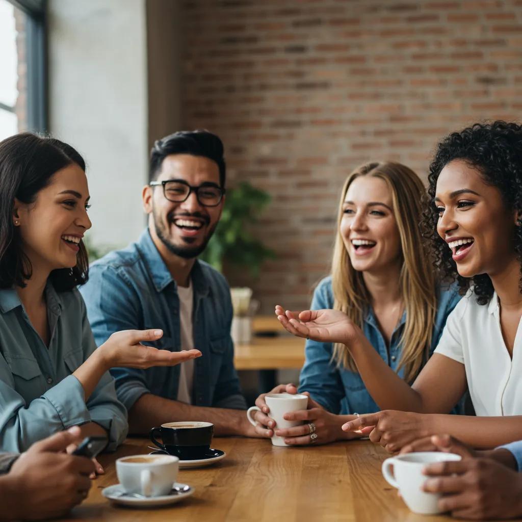 Diverse group of patients discussing their positive experiences with dental implants in a coffee shop