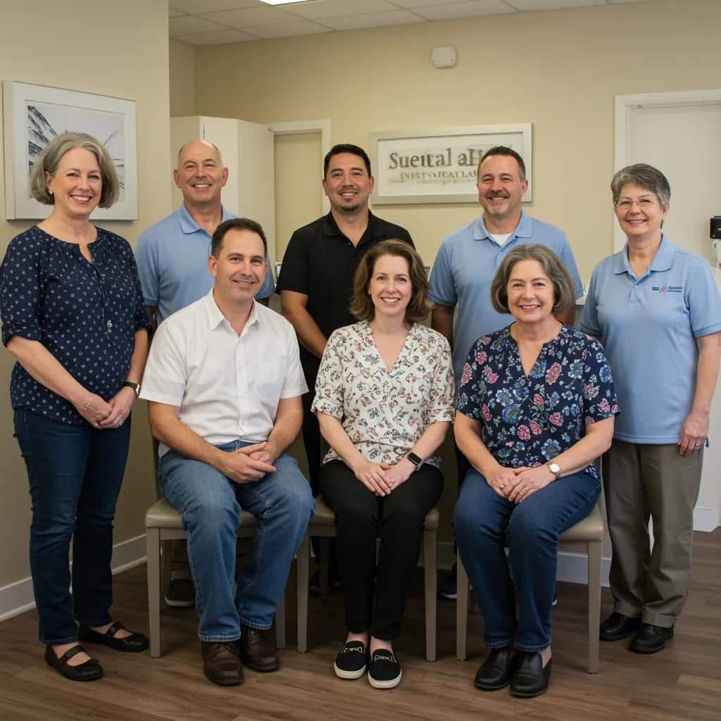 Diverse group of patients sharing positive dental implant experiences in a supportive dental clinic setting