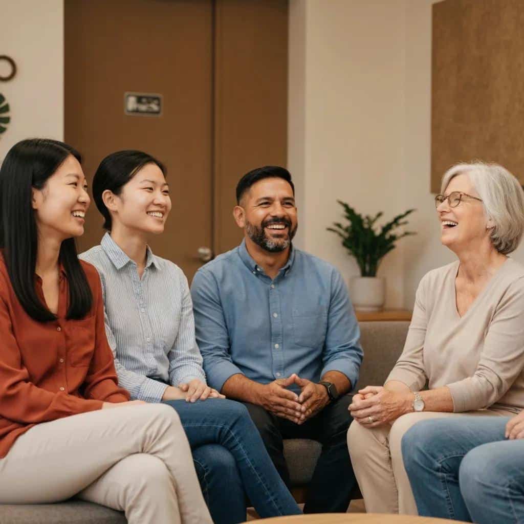 Diverse group of patients sharing positive experiences about dental implants in a comfortable consultation area