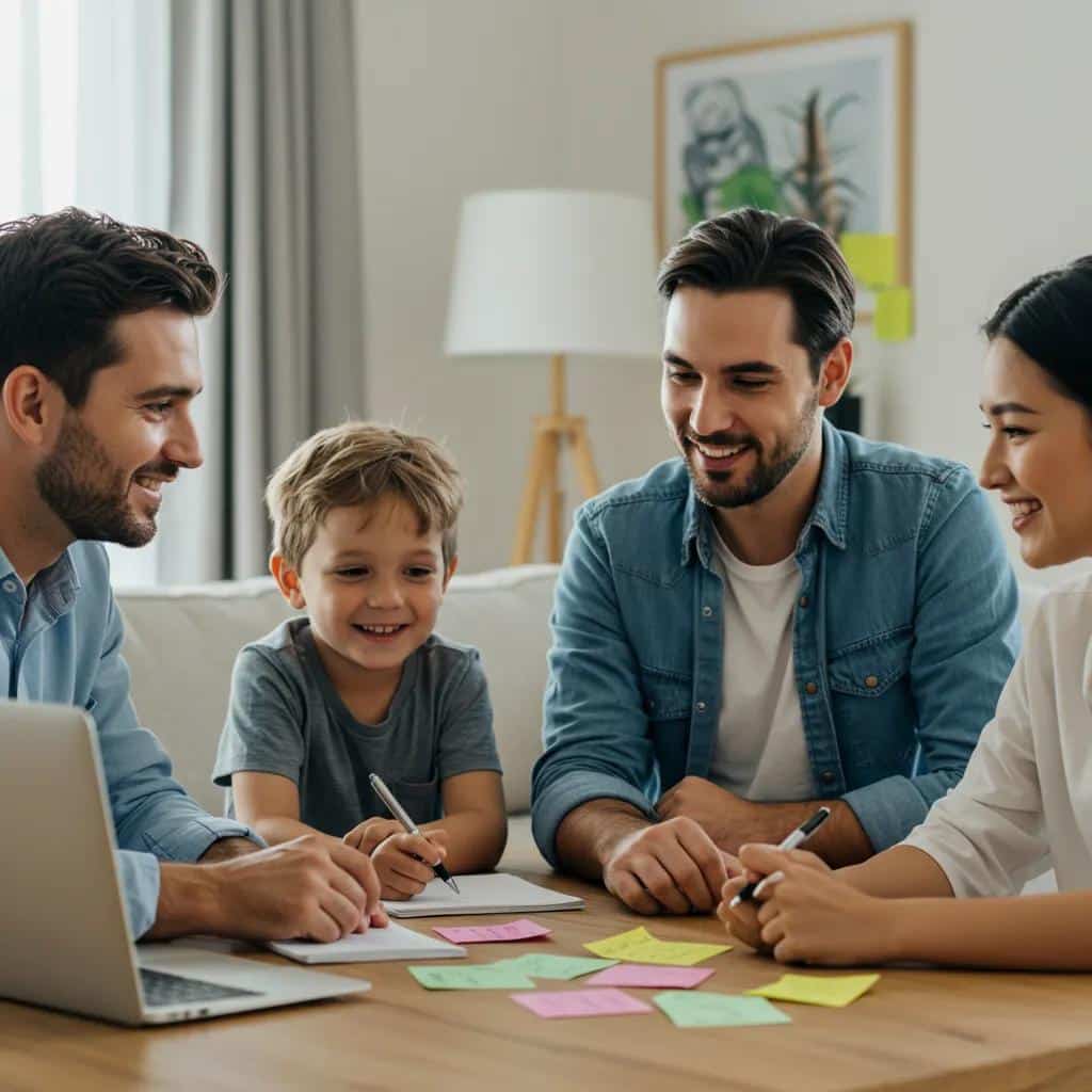 Family discussing dental care options at home with a laptop and notepad