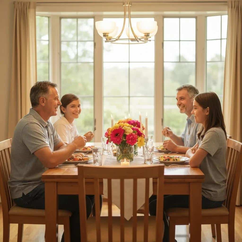 Family enjoying a meal together, highlighting the benefits of dental implants