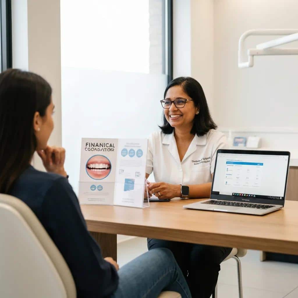 Financial coordinator explaining dental implant financing options in a modern dental office