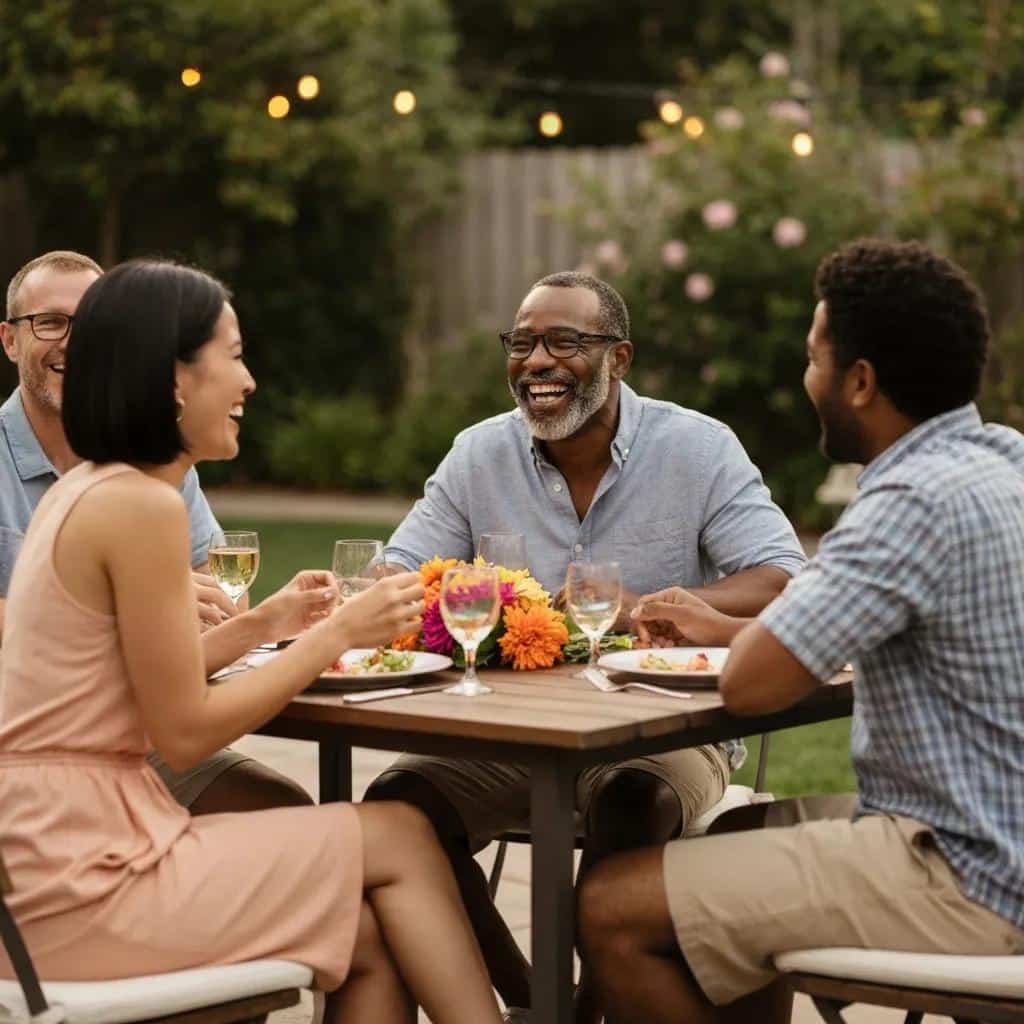 Group of friends enjoying a meal, highlighting confidence and social interaction enhanced by dental implants