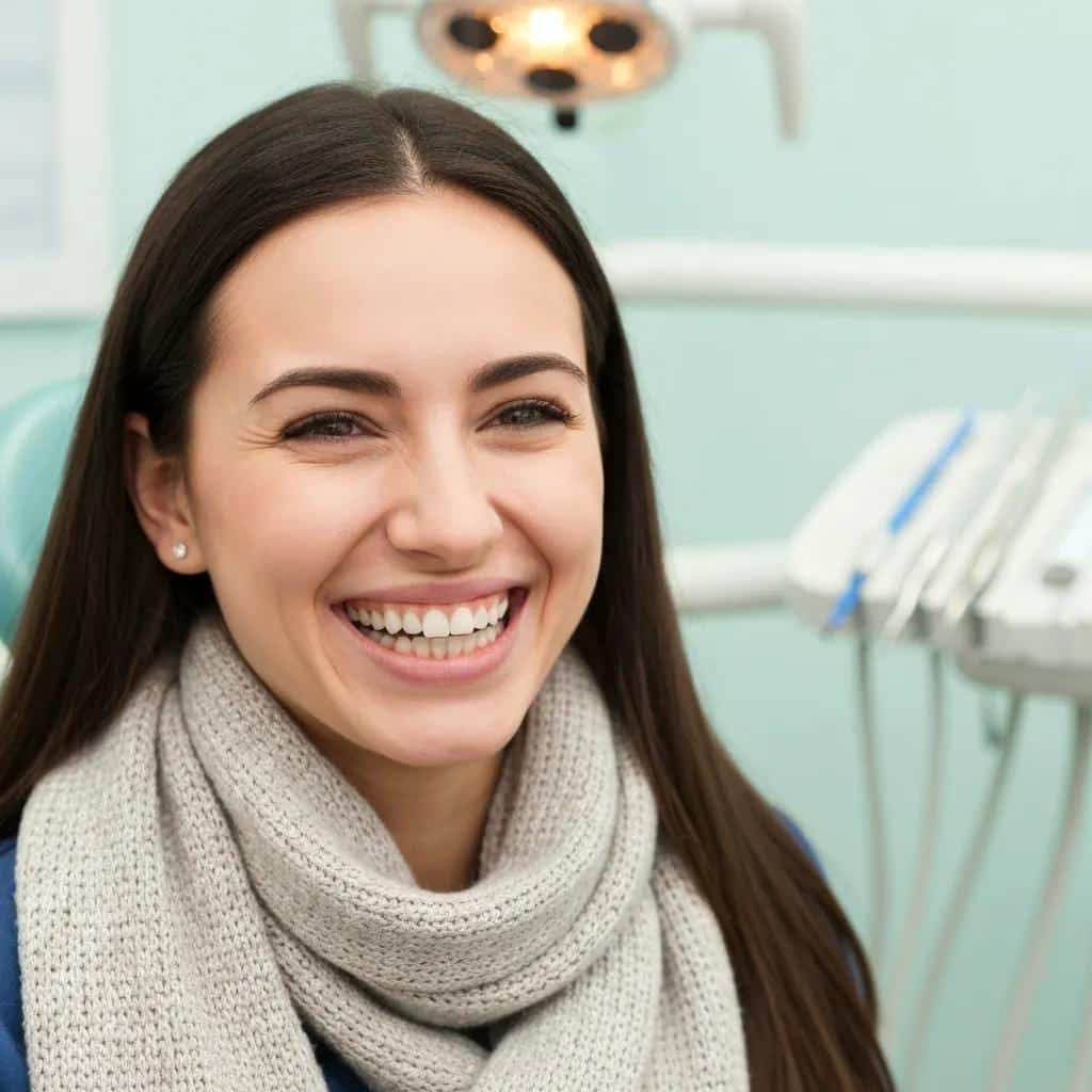 Happy patient smiling after receiving dental implants in a dental office