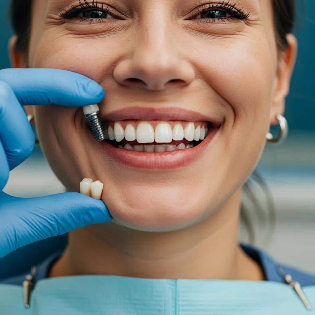 A happy patient smiling confidently after receiving their immediate dental implants, showcasing a beautiful, restored smile