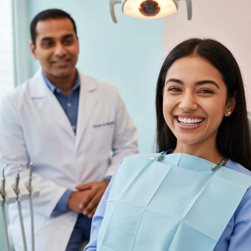 Happy patient smiling after successful dental implant procedure in a dental office