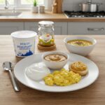 Healthy meal options for dental implant recovery featuring yogurt, scrambled eggs, and pureed soups