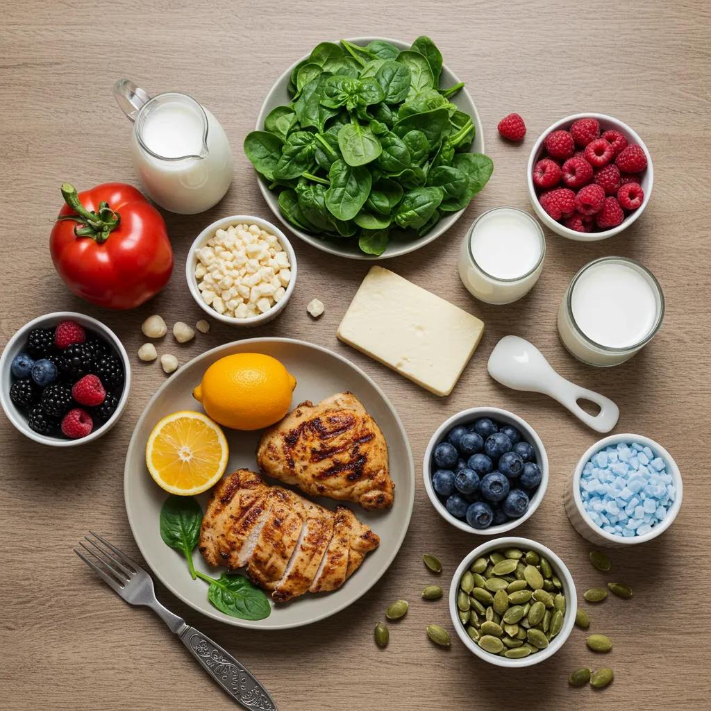 A delicious, healthy meal spread with foods rich in protein, Vitamin C, calcium, and Vitamin D, perfect for supporting implant health