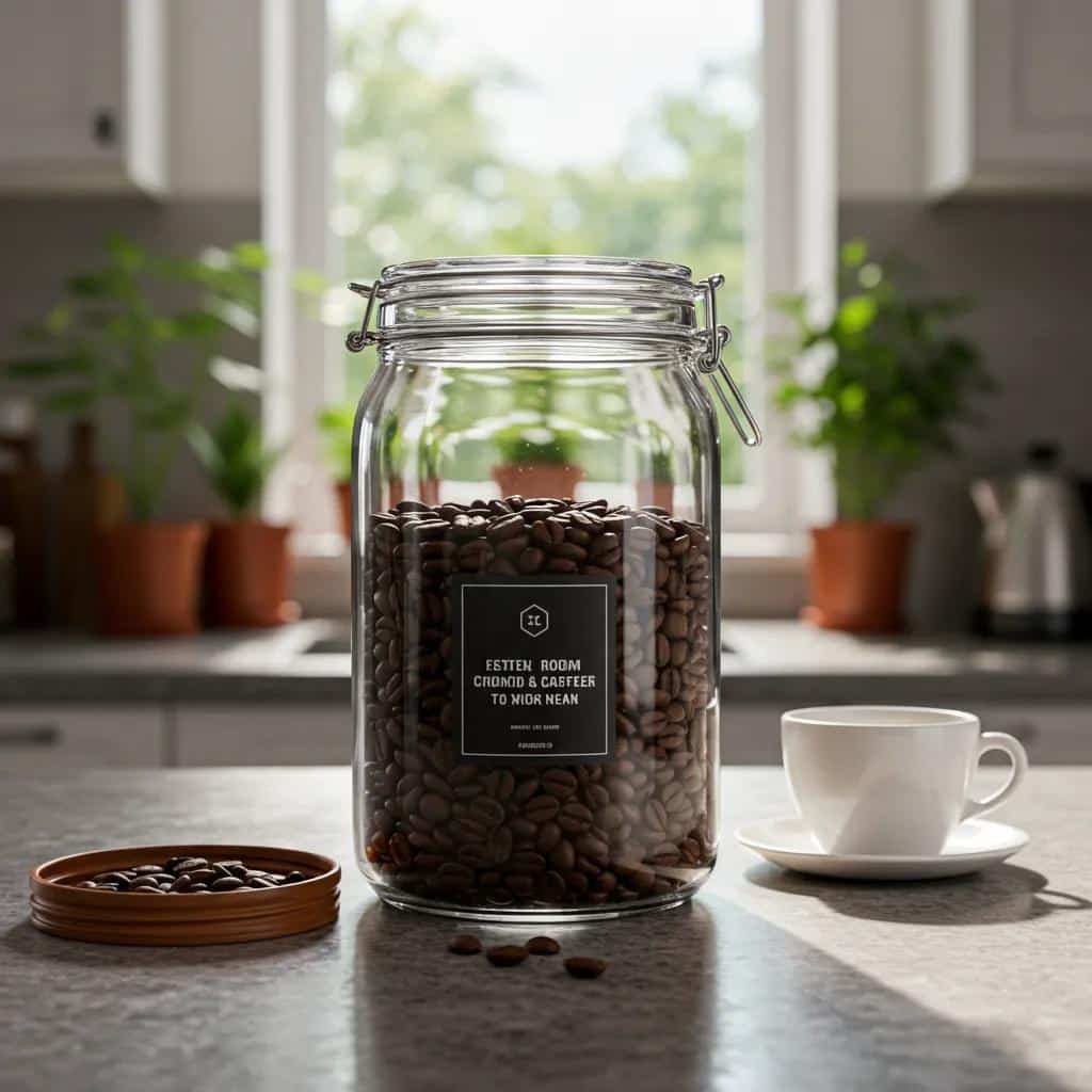 High-quality coffee beans stored in an airtight container in a bright kitchen