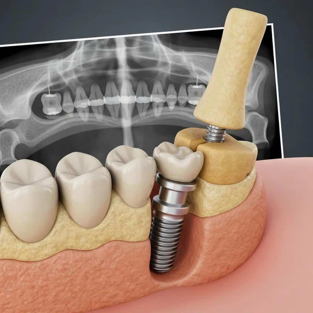 Illustration of failed dental implant with mobility and surrounding bone loss visible